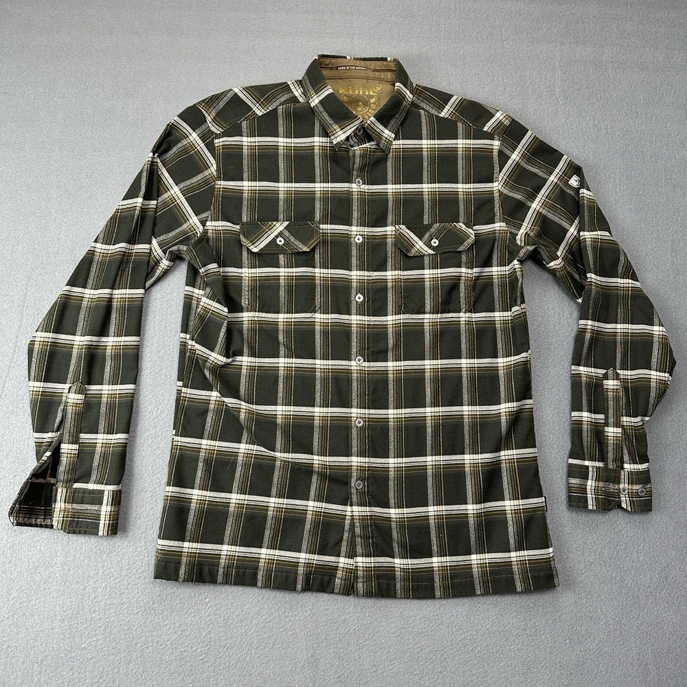 Kuhl Flannel Shirt Mens L Loden Green Law Plaid Long Sleeve Hiking Metal Buttons